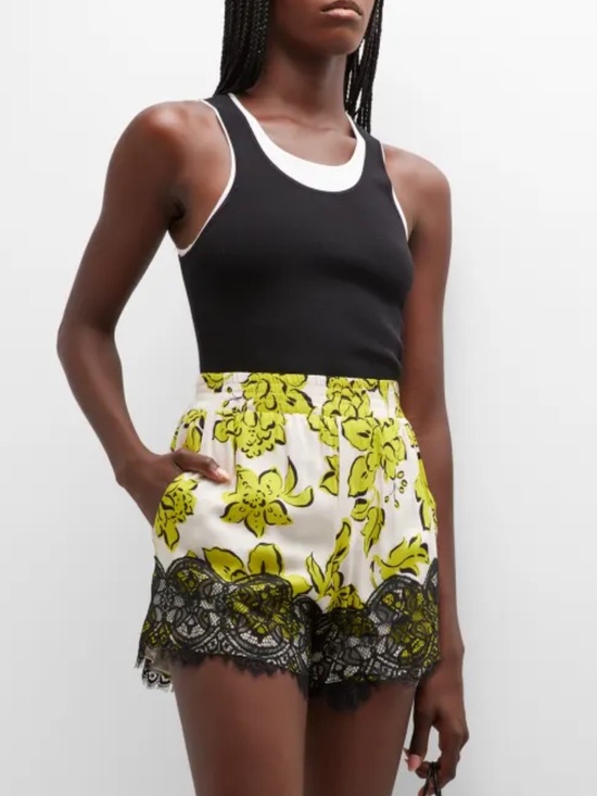 Neiman Marcus Pants - Le Superbe white, chartreuse floral lace trim high waisted shorts, S